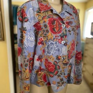 Floral Button-Down Shirt Jacket in Blue w/ Red & Gold Accents Med comfy like new